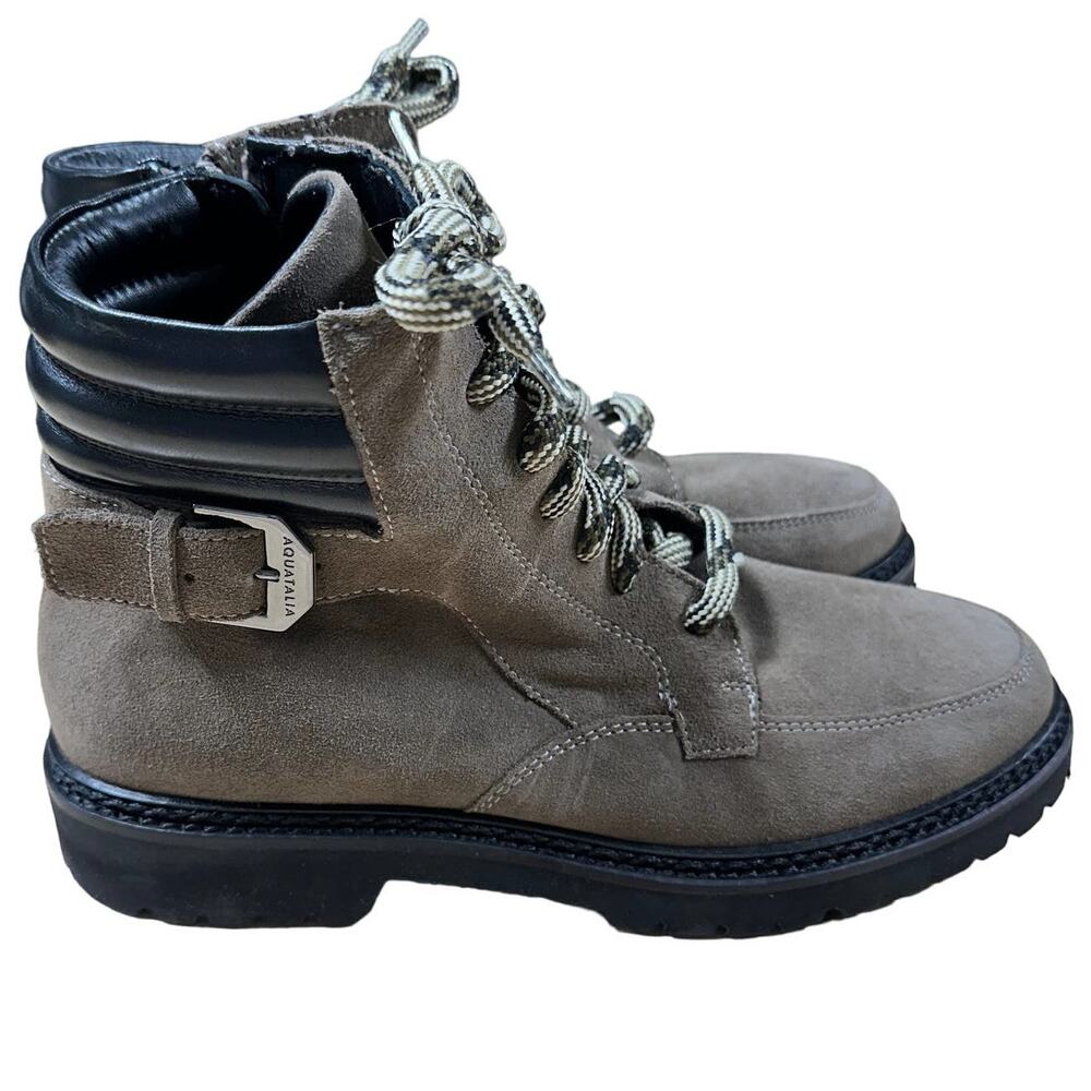 Aquatalia NWOB Mayra Weatherproof Suede Lace Up Moto Boots Brown Size 9 Side Zip